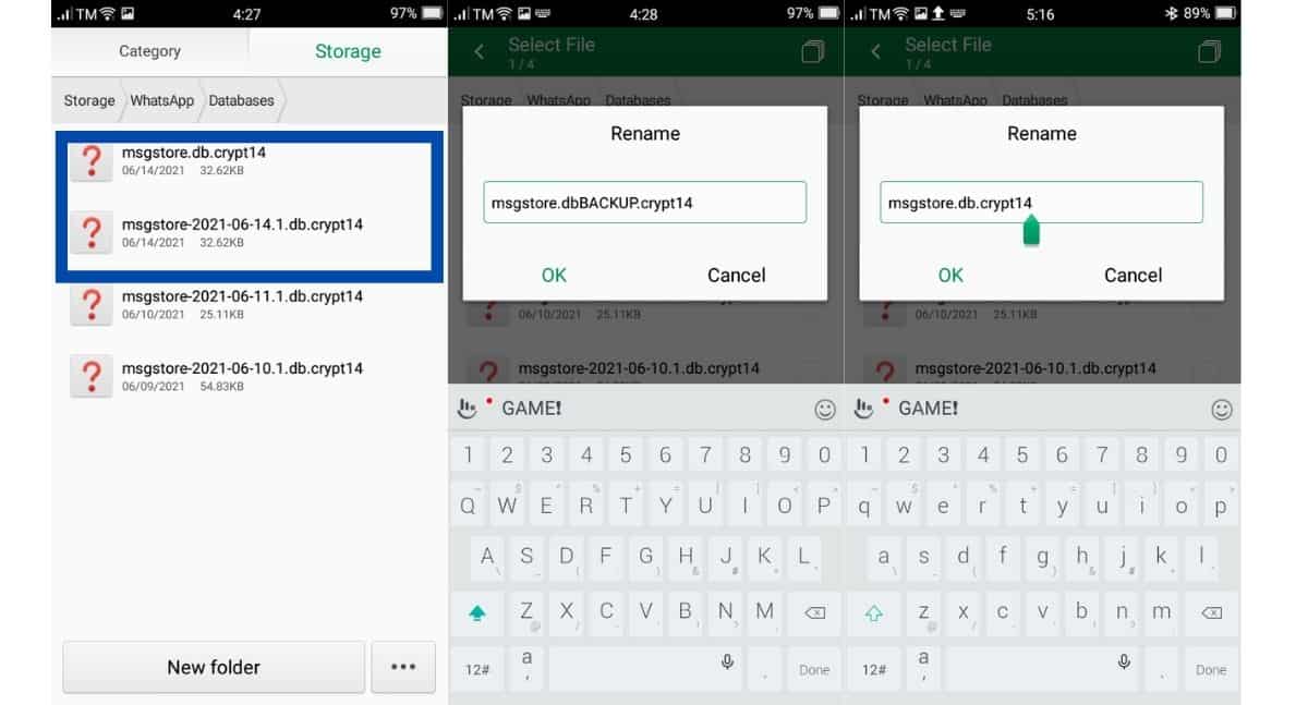 Cómo restaurar la copia de seguridad de WhatsApp sin desinstalar 8 Cambiar el nombre de los archivos a través del administrador de archivos