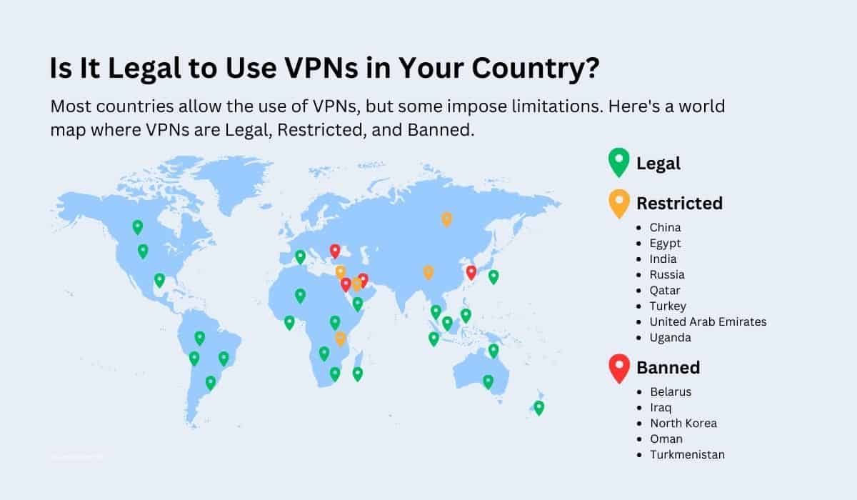 ¿Es legal usar una VPN para acceder a contenido restringido? 3 ¿Son legales las VPN? Lista de países donde las redes privadas virtuales (VPN) son legales, restringidas y prohibidas.