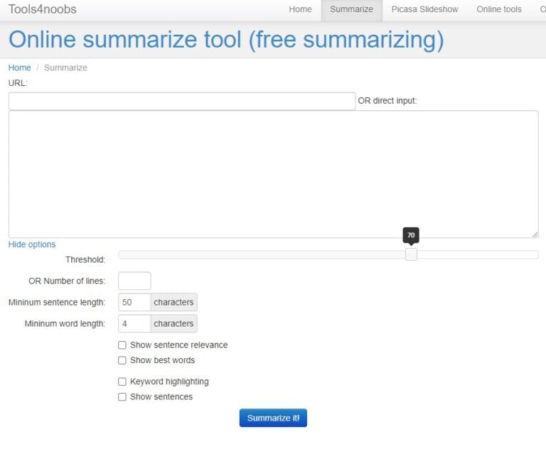 Mejores Apps y Páginas Web para resumir textos 10 Tools4Noobs Online summarize tool (resumen gratuito)